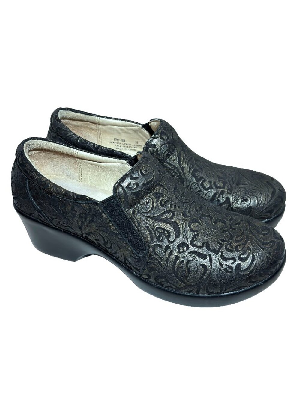Alegria Eryn ERY-184 Women’s 9 Black Floral Leather Slip On Shoes EU 39